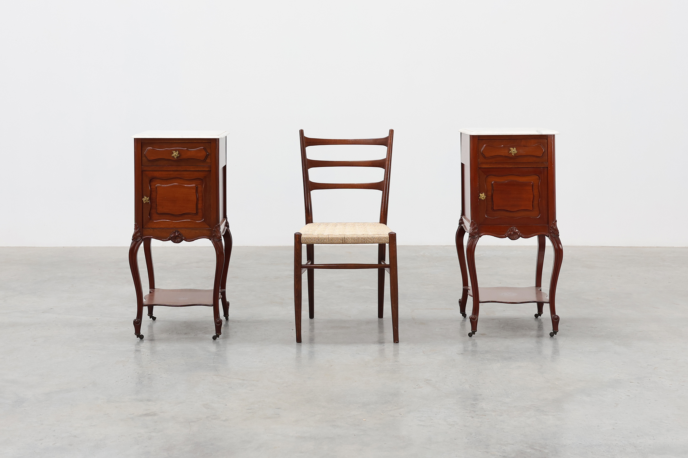 Pair of Walnut Louis XV style nightstands with Carrara marble tops, France ca. 1900thumbnail